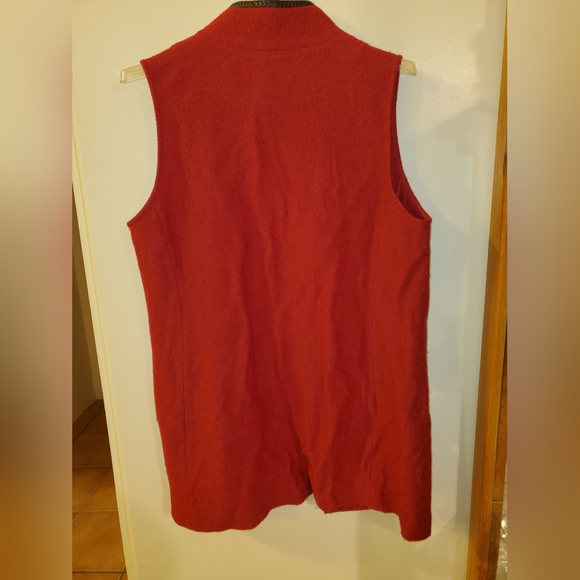 Chicos Womens Boiled Wool Long Vest Size 1 Vegan Leather Trim Pockets Red - Picture 2 of 3